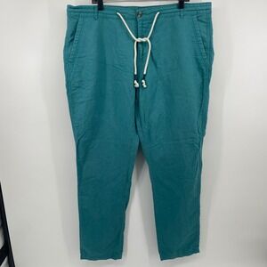 Kiabi Linen Blend Pants Mens 40x32 Teal Green Drawstring Casual Tapered Trousers